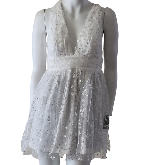 Lulus Ailey Ivory Twist Back Skater Metallic Tulle Mini Dress Size Medium - Picture 1 of 12